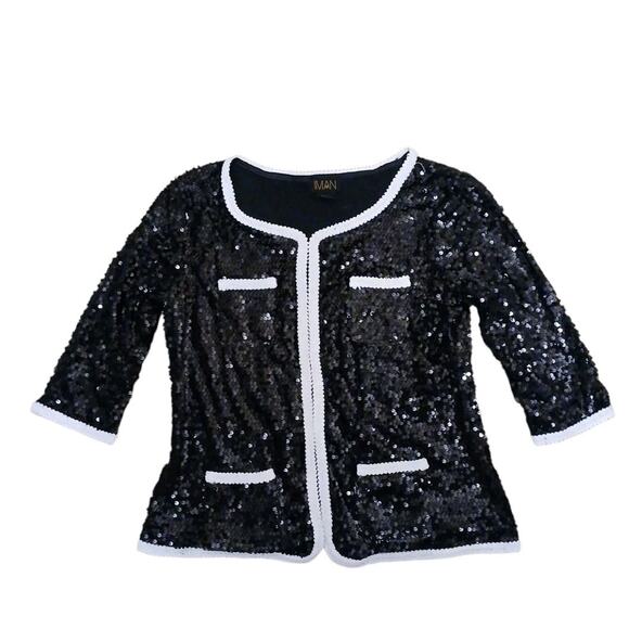 IMAN Global Chic Rock The Runway Sensational Sequin Blazer Jacket Sz Large Black - Picture 8 of 16